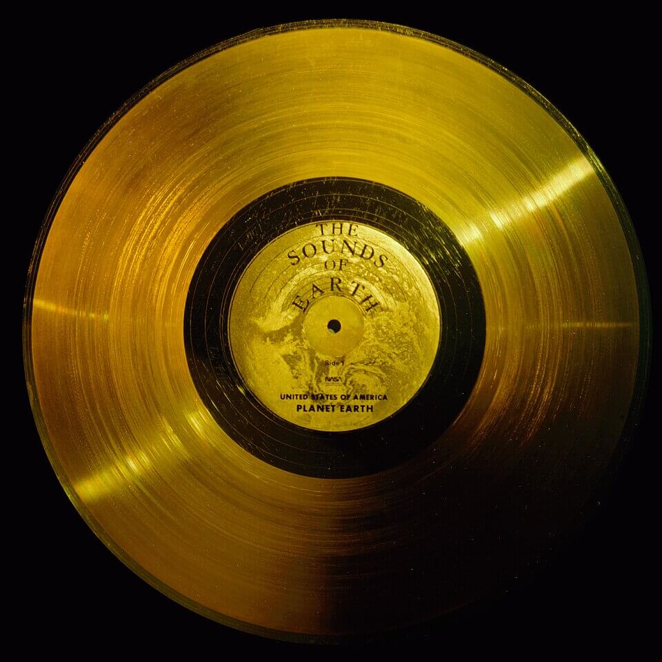 The grooved side of the Voyager Golden Record launched along the Voyager probes to space, which feature music from around the world